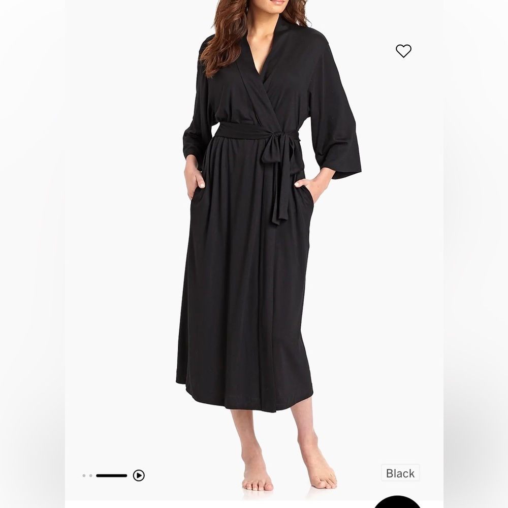 Natori Classic Black Satin Wrap Luxurious Lounge Wear Relaxed Fit Long Robe SZ M